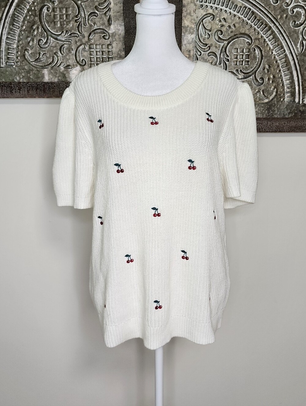 Lucky Brand Cherry Embroidered Knit Lightweight Sweater XL Cottagecore Summer